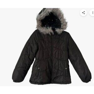 Girls Warm Puffer Jacket With Faux Fur Hood Star Print Size 7/8